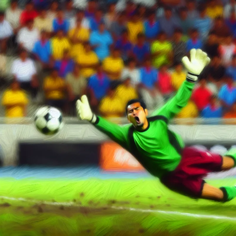 Voetbalkeeper in dramatische actie tijdens een wedstrijd, mist de bal die langs hem het doel in gaat, geschilderd in de stijl van Frans Hals