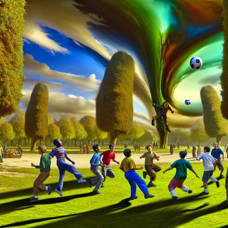 Vijf jongens spelen voetbalsport in een kleurrijk park met groene grasvelden en monumentale bomen op de achtergrond.