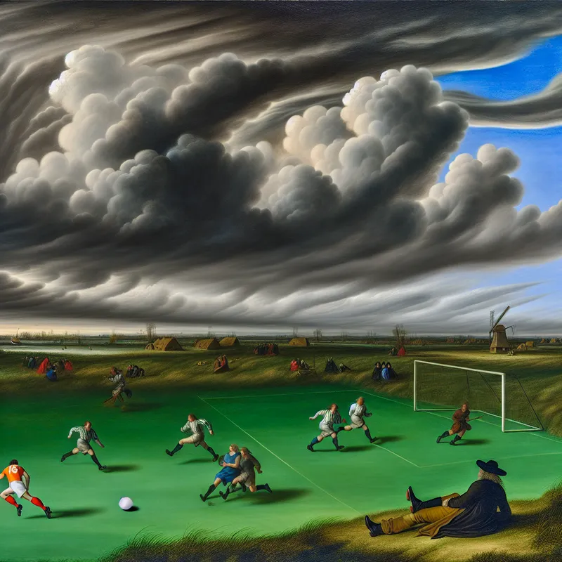 Speler die op het gras van een voetbalveld ligt te slapen terwijl een intensieve wedstrijd aan de gang is.