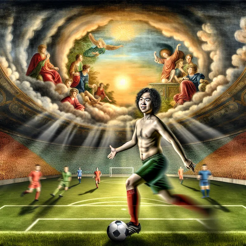 Voetballer in dynamische barokstijl schittert op zonnig voetbalveld, omringd door publiek en medespelers, thuis in zijn element