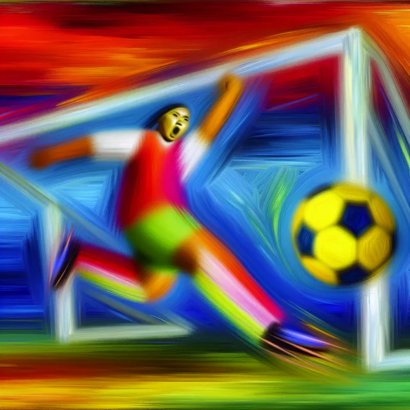 Abstracte schildering van een voetballer die met kracht een bal trapt, in expressieve stijl met felle kleuren en dikke penseelstreken