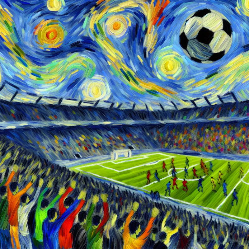 Een levendig voetbals stadion vol enthousiaste fans tijdens een belangrijke wedstrijd, met een soaring bal en kleurrijke vlaggen.