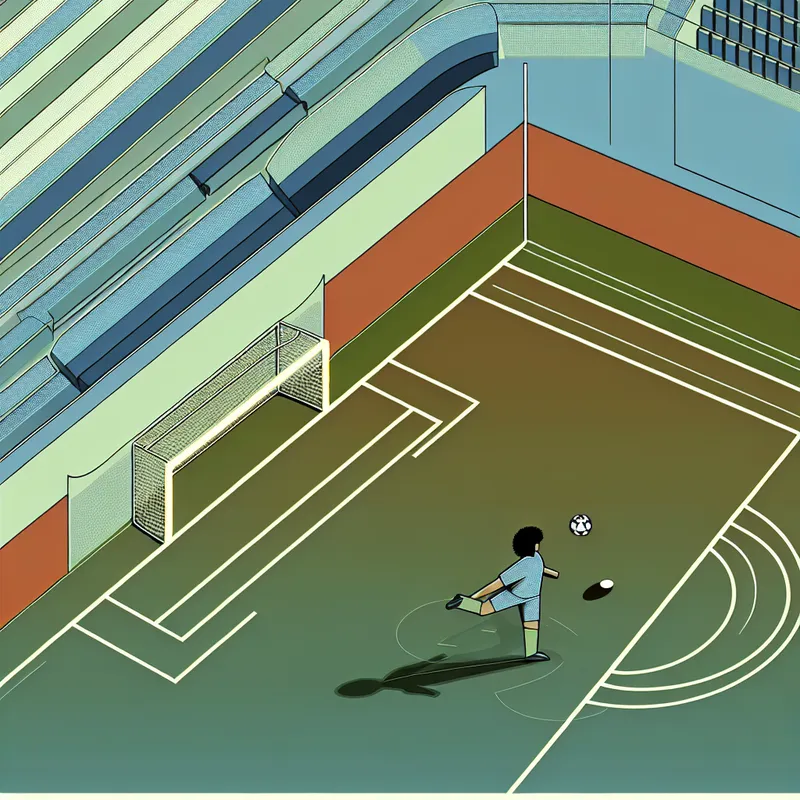 Voetbalspeler vrij voor het doel, klaar om te scoren in retro-futuristische stijl