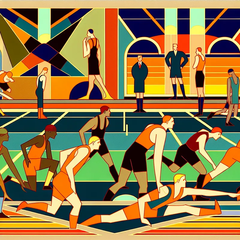 Retro-futuristische illustratie van voetbalspelers die zich opwarmen op het veld met rekoefeningen en lichte bewegingen