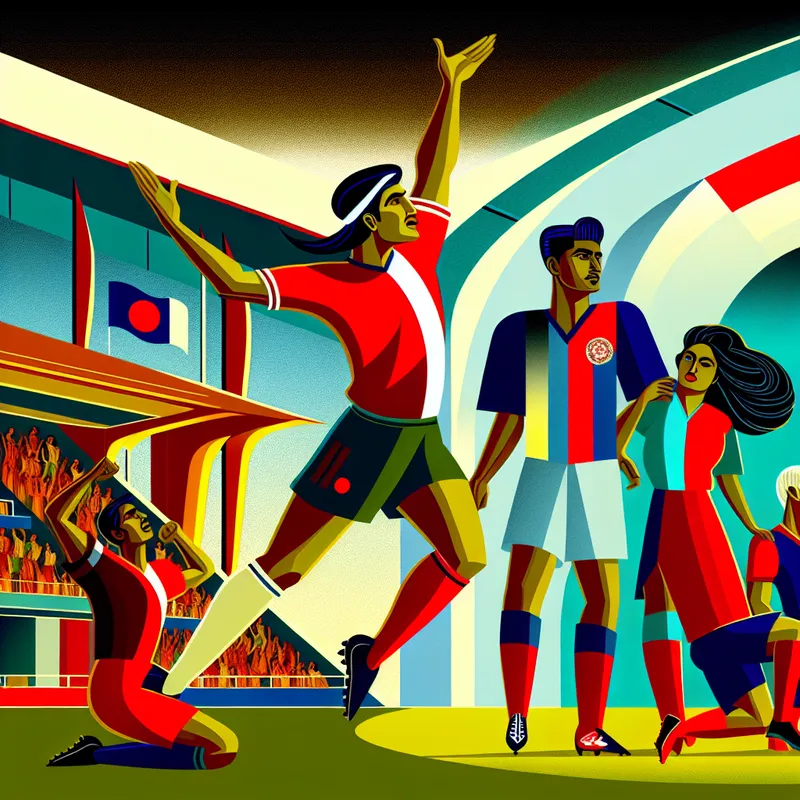 Illustratie van een voetbalwedstrijd waarbij het Ajax-team in rode en witte shirts een doelpunt viert, terwijl de tegenstanders teleurgesteld reageren in een retro-futuristische stijl