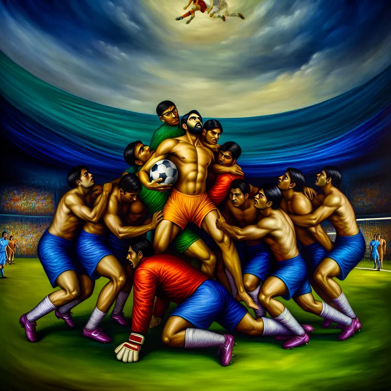 Vibrant voetbalteam in een huddle, met de nadruk op een gespierde mannelijke doelman in dynamische pose op een groen veld.