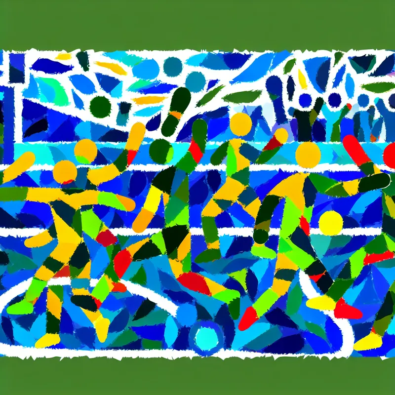 Abstracte afbeelding van een Europees voetbaltoernooi met kleurrijke vormen die spelers in dynamische poses voorstellen, omringd door een stadion en juichende menigte.