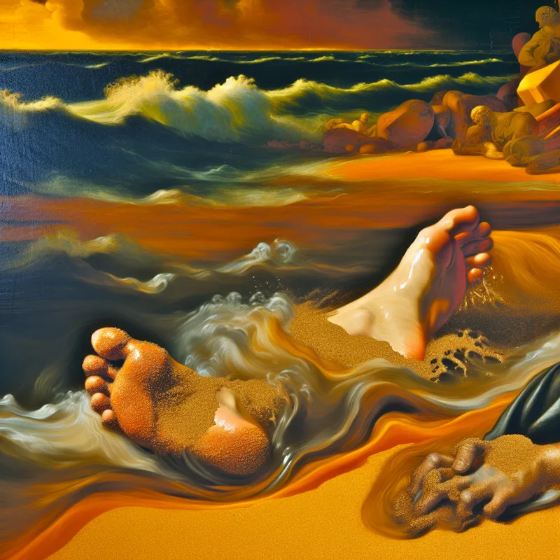 Voeten die wegzinken in nat, gouden zand aan de rand van een kolkende zee onder een stormachtige lucht, barokke stijl