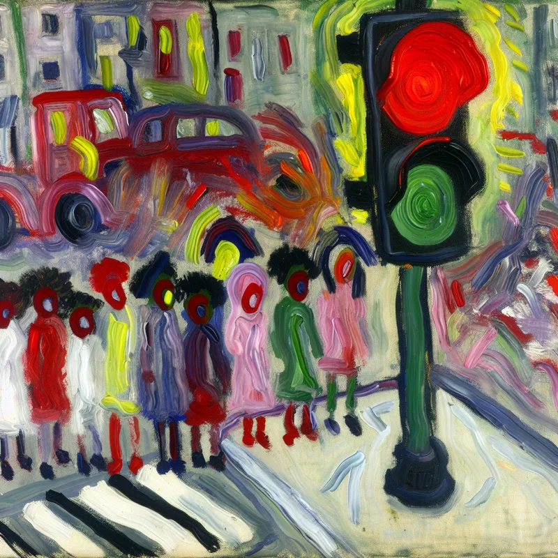 Abstracte interpretatie van een drukke stadsscène met een felrood voetgangersstoplicht en wachtende kinderen.
