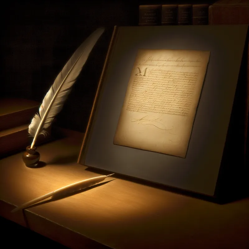 Gedetailleerde voetnoot onderaan een pagina met een ganzenveer en inktpot op een houten tafel, in de stijl van Vermeer