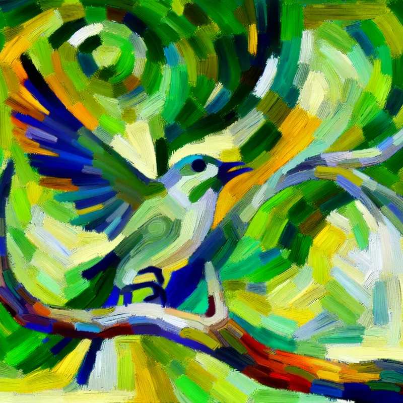 Abstracte impressie van een vogel die op een tak landt, gevangen in een moment van beweging met kleurrijke penseelstreken.