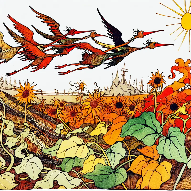 Stijlvolle cartoonvogels vliegen in formatie naar het zuiden, omringd door een herfstlandschap met zonnebloemen en gouden zonlicht, ter illustratie van bewegingsrichting en ligging