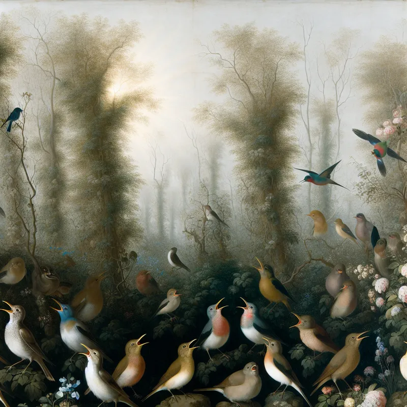 Een serene lente-scène in een weelderige tuin met vogels die op bloeiende bomen zitten en zingen.