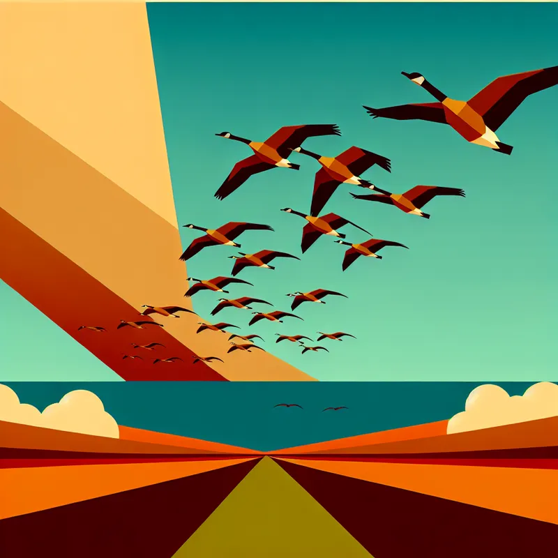 Stijlvolle retro-futuristische illustratie van een V-vormige formatie trekvogels in een herfstlucht, symboliserend dierenmigratie en vogeltrek