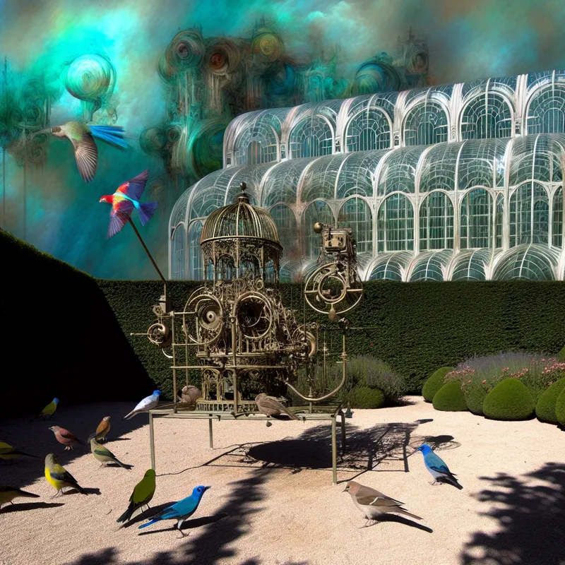 Een prachtig ingericht vogelvangapparaat in een buitentuin met surrealistische architectuur op de achtergrond.