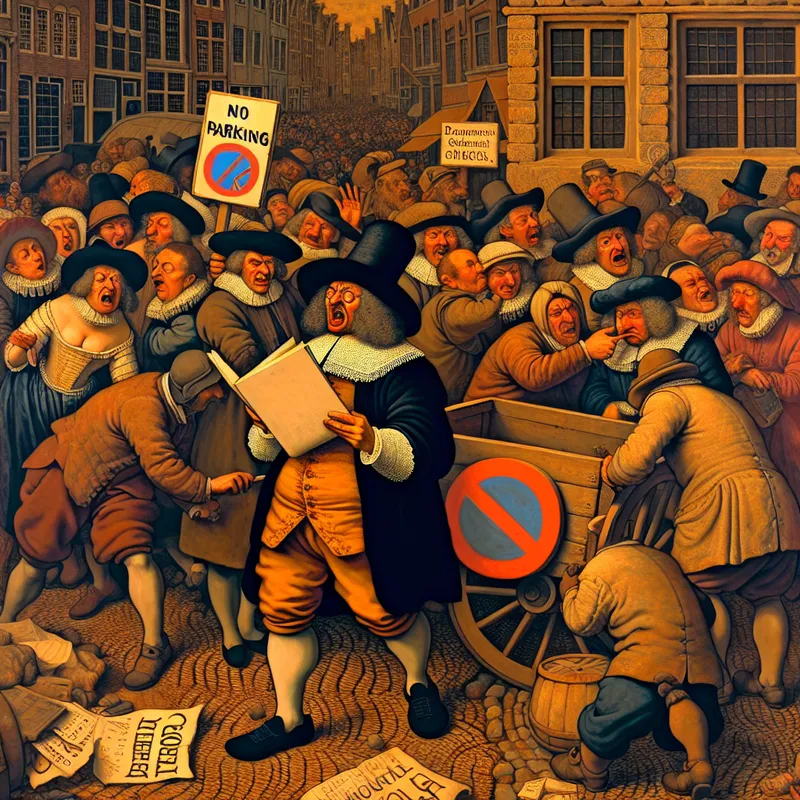 17e-eeuwse straatscène van Jan Steen waarin een man strikt regels volgt en een kar blokkeert in een verboden zone, terwijl een gefrustreerde menigte toekijkt