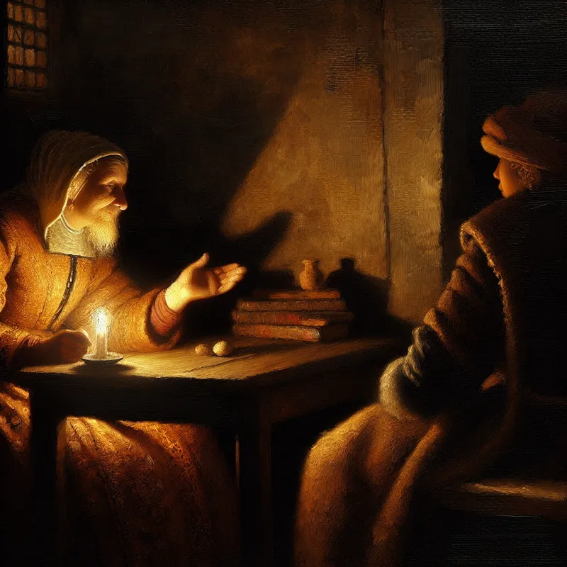 Oudere vrouw in 17e-eeuwse kleding geeft wijze raad aan een aandachtig luisterende jongere persoon in een warm verlichte kamer, symboliserend voor 'volgens mijn moeder' als bron van wijsheid