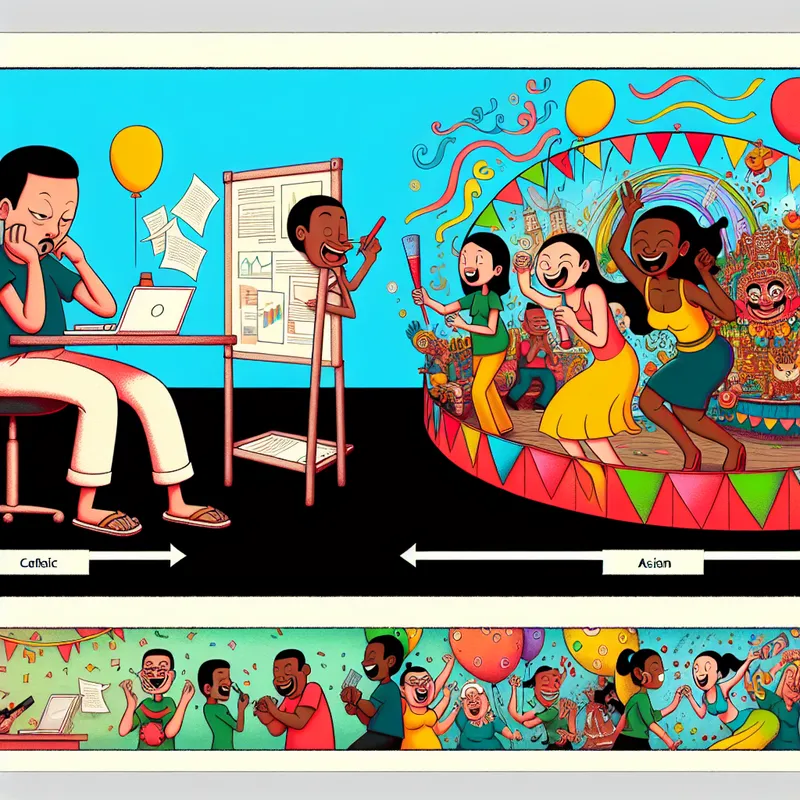 Een speelse cartoonafbeelding die een reeks gebeurtenissen toont: een personage werkt aan een rapport, een ander bereidt een presentatie voor, en een derde viert een feestje met ballonnen en confetti.