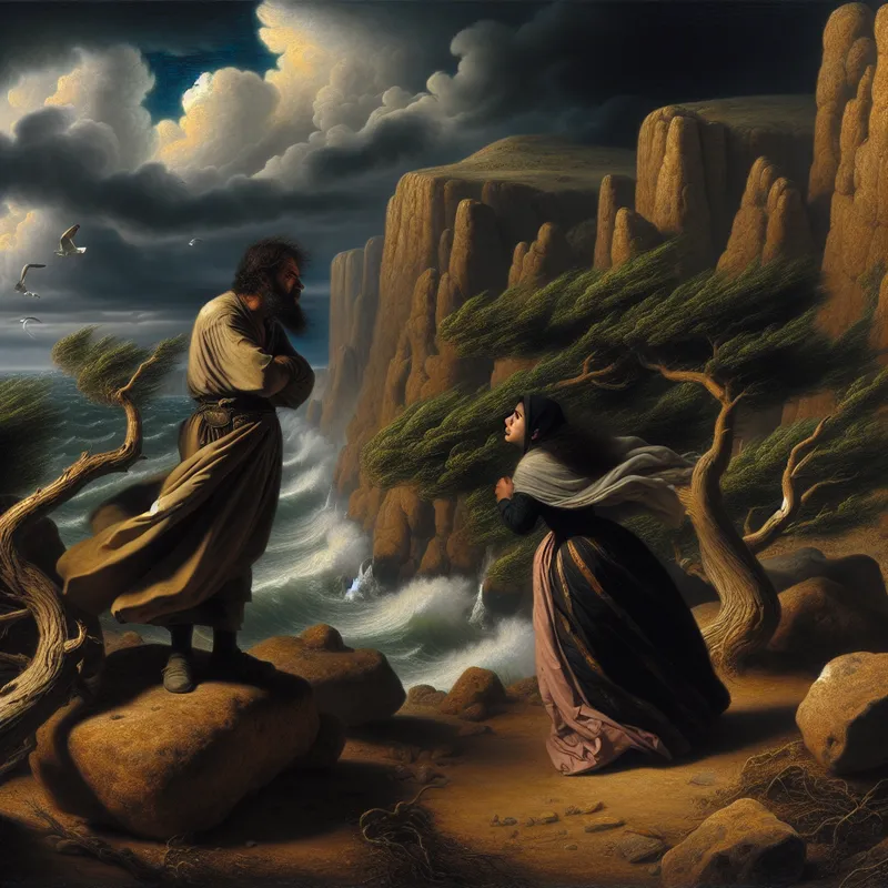 Twee volhardende mannen in intense onderhandeling op een ruige klif in een dramatisch 17e-eeuws Nederlands landschap, symbool voor onbuigzame vastberadenheid en doorzettingsvermogen