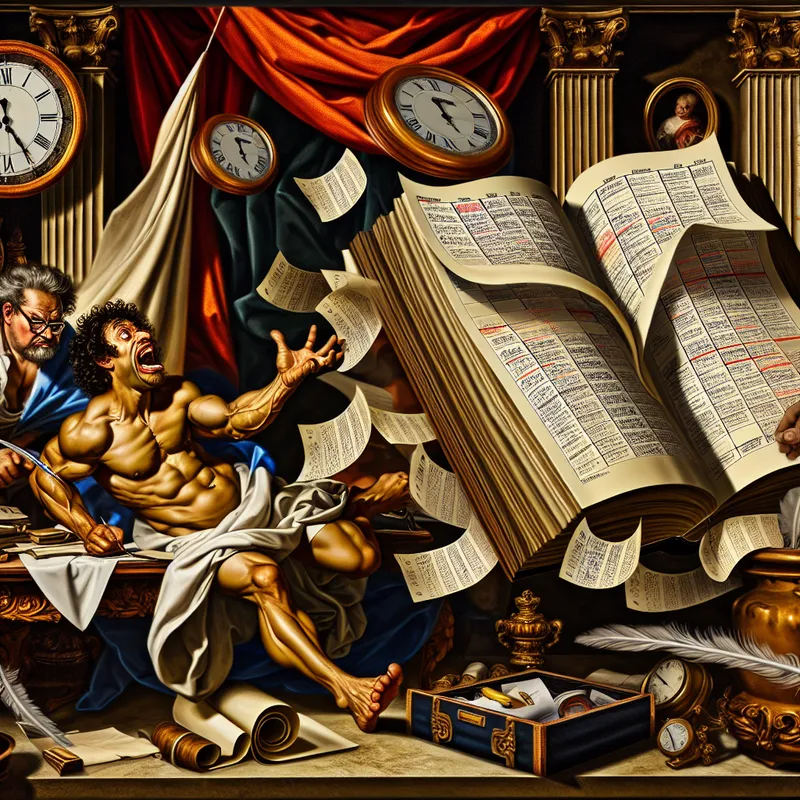 Barokke voorstelling van een persoon die overweldigd wordt door een volle agenda, omringd door zwevende klokken en kalenderpagina's, symboliserend tijdbeheer en planning