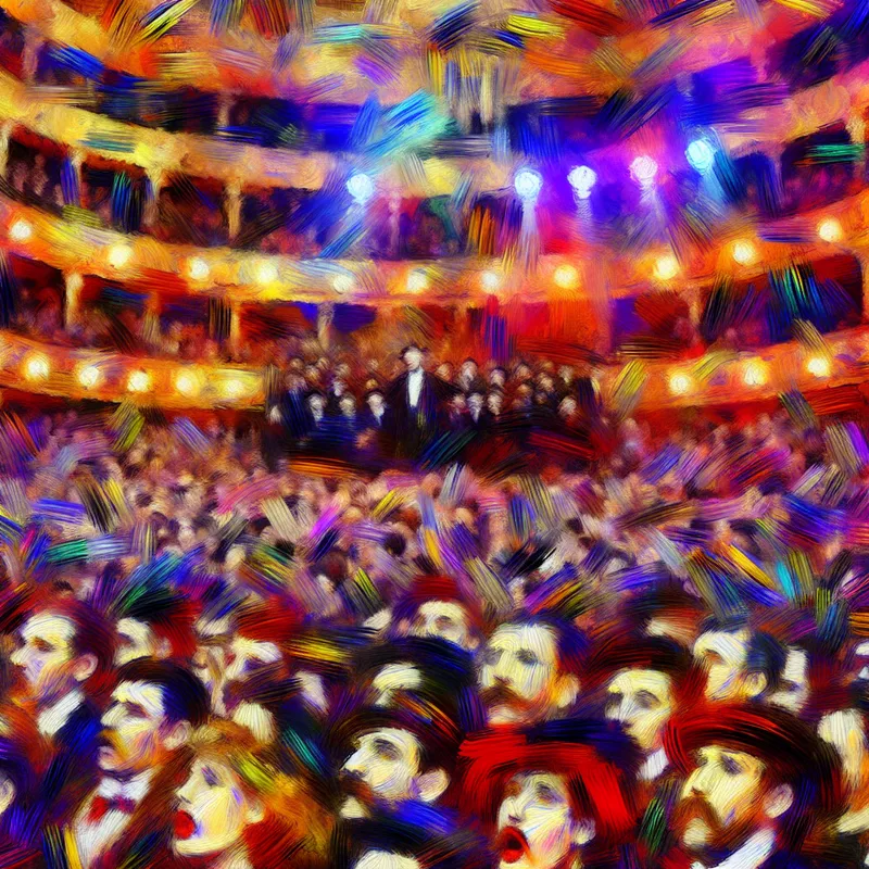 Abstract expressionistische weergave van een volle concertzaal met een drukke bezetting, energieke penseelstreken en levendige kleuren