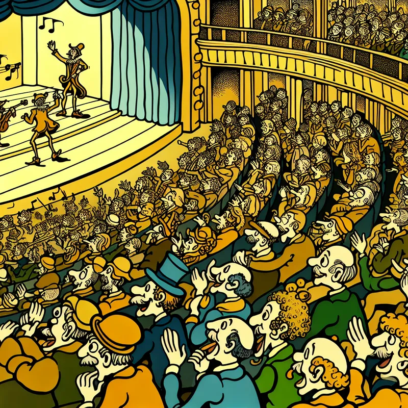 Drukbezochte concertzaal vol enthousiaste toeschouwers van alle leeftijden tijdens een levendig optreden, in stripstijl van Marten Toonder