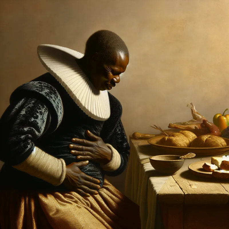 Schilderij van een persoon met een volle buik na een overvloedige maaltijd, zittend aan een tafel met restjes eten en wijn