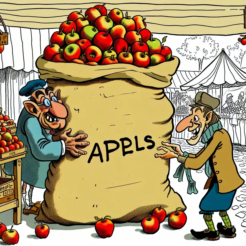 Grappige cartoonmarkt met een verkoper die een zware, uitpuilende zak appels verkoopt aan een klant, ter illustratie van de hoeveelheid die in een zak past