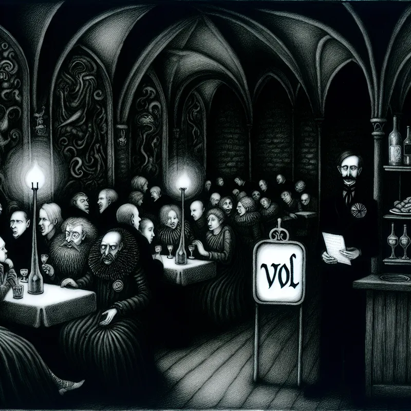 Gothische illustratie van een volledig bezette restaurant met geen vrije plaatsen, sfeervol verlicht en vol details in de stijl van Félicien Rops