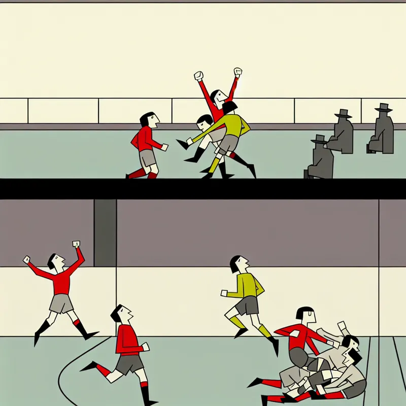 Minimalistische illustratie van twee voetbalteams: het winnende team juicht in felle kleuren, het verliezende team is terneergeslagen in grijstinten