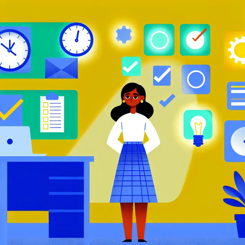 Minimalistische illustratie van een toegewijde vrouw in een opgeruimd kantoor met zwevende taakicoontjes zoals een klok, checklist en lampje, symboliserend volledige inzet in alle opzichten