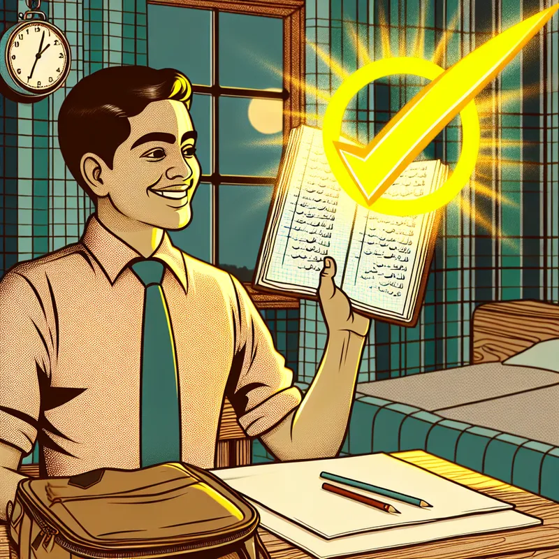 Student met een glimlach houdt een voltooide huiswerkschrift omhoog met een gloeiend geel vinkje erboven in een retro-futuristische slaapkamer