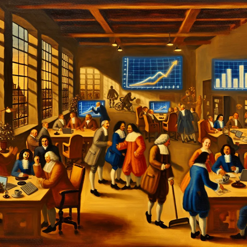 Moderne bedrijfsomgeving met professionele medewerkers in een dynamisch kantoor, geïnspireerd op de schilderstijl van Frans Hals