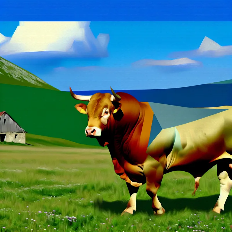 Volwassen stier met krachtige spieren, vrij rondlopend in een groene wei met golvende heuvels en een heldere blauwe lucht op de achtergrond.