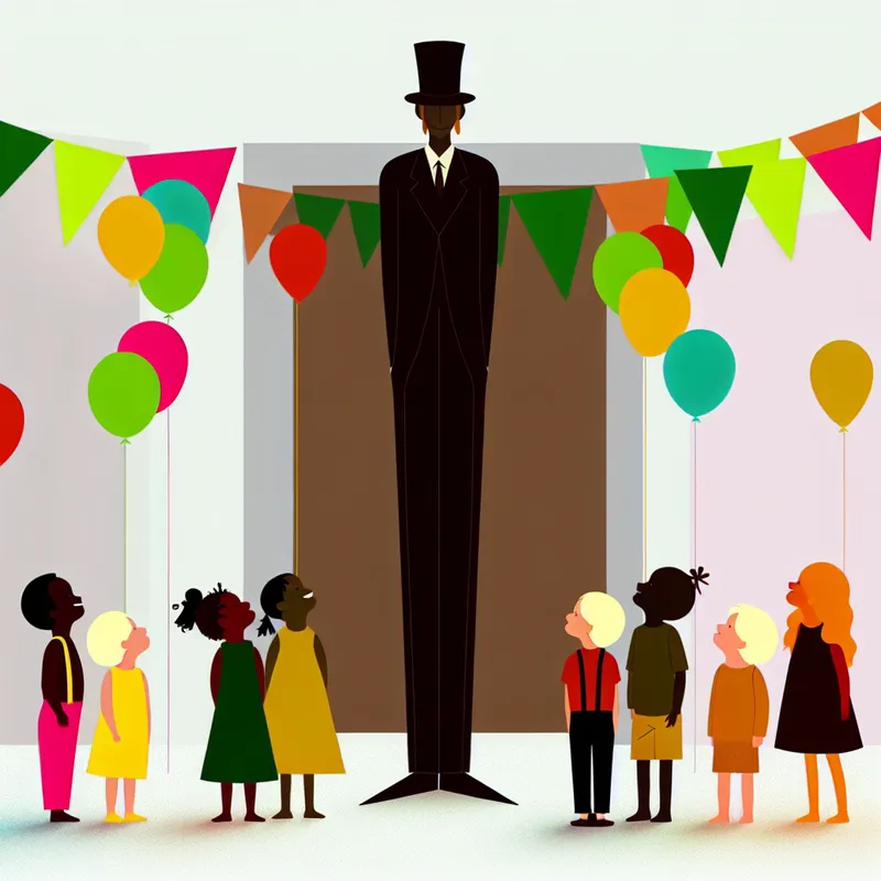 Een minimalistische illustratie van een volwassen figuur bij een kleurrijk feest met ballonnen, omringd door vrolijke kinderen.