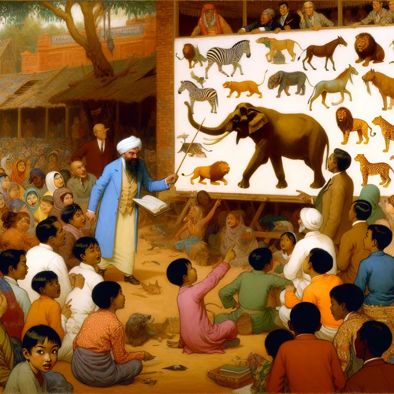 Levendige klas of marktscène met een leraar die naar een bord wijst met dieren, waaronder een olifant, als voorbeeld ter illustratie