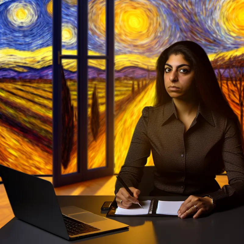 Een jonge vrouw zit zelfverzekerd aan een vergadertafel met een notepad vol notities en een laptop open voor haar, omringd door warme verlichting en Van Gogh-geïnspireerde kunst aan de muren.