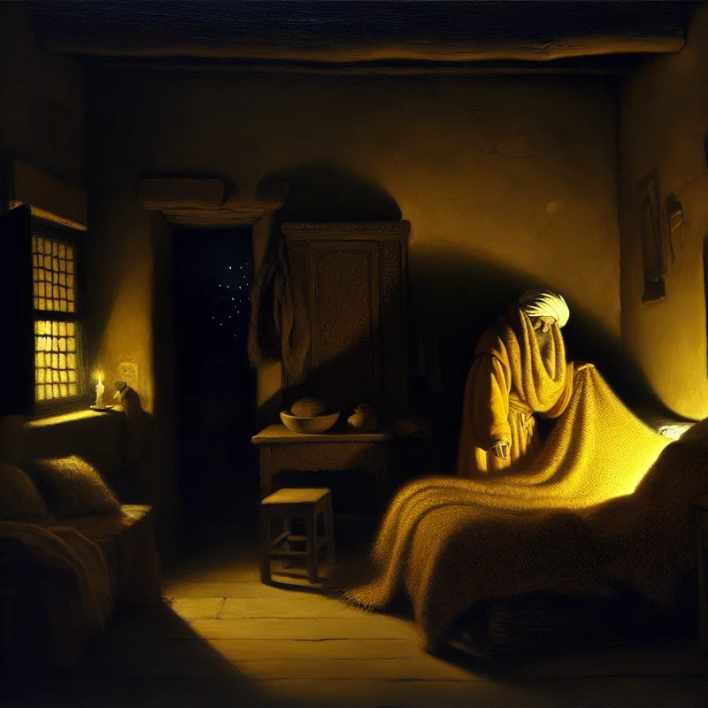 Persoon bereidt zich voor op de komende nacht door een extra wollen deken op bed te leggen in een sfeervolle, door kaarslicht verlichte slaapkamer in Rembrandt-stijl