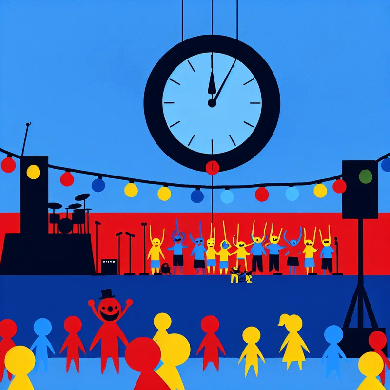 Minimalistische illustratie van een concert dat op het punt staat te beginnen, met een klok die zeven uur slaat en een opgewonden menigte onder lichtjes.