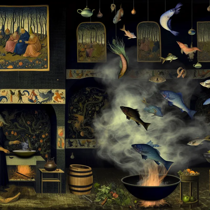 Surrealistische keuken met vissers die traditionele vaam voorbereiden, omringd door bizarre zeedieren, kruiden en specerijen die in de lucht zweven.
