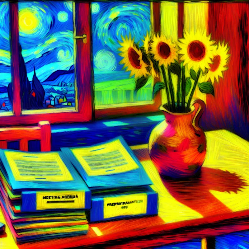 Een stapel netjes georganiseerde documenten met het label 'Meeting Agenda' en 'Preparation Notes' op een rustieke houten tafel, naast een vaas zonnebloemen, geschilderd in de stijl van Vincent van Gogh.