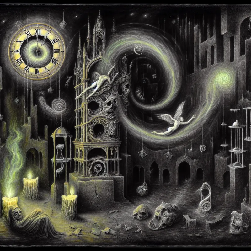Symbolische illustratie van een gothische klokkentoren met spookachtige figuren en zwevende zandlopers, die het voorbijgaan van tijd uitbeeldt in de stijl van Félicien Rops