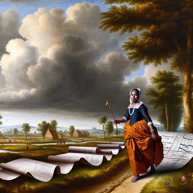 17e-eeuwse Nederlandse landschapsschildering met een vrouw die documenten draagt, symboliserend voordeel en vooruitgang met opwaartse groeigrafieken