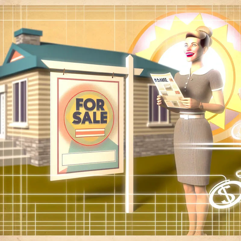 Illustratie van een tevreden persoon voor een huis met een grote 'VOORDELIG AANBOD' verkoopbord, met zwevende munten en een opkomende zon als symbool voor een gunstige deal