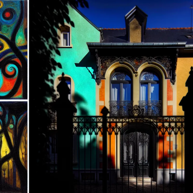De voorgevel van een net geschilderd huis met rijke kleuren en gothische elementen, zoals smeedijzeren hekken en klimmende wijnranken.