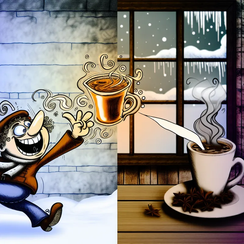 Cartoonachtige scène met een vrolijk personage dat duidelijk de voorkeur geeft aan een kopje thee boven koffie in een gezellige setting met koud weer buiten