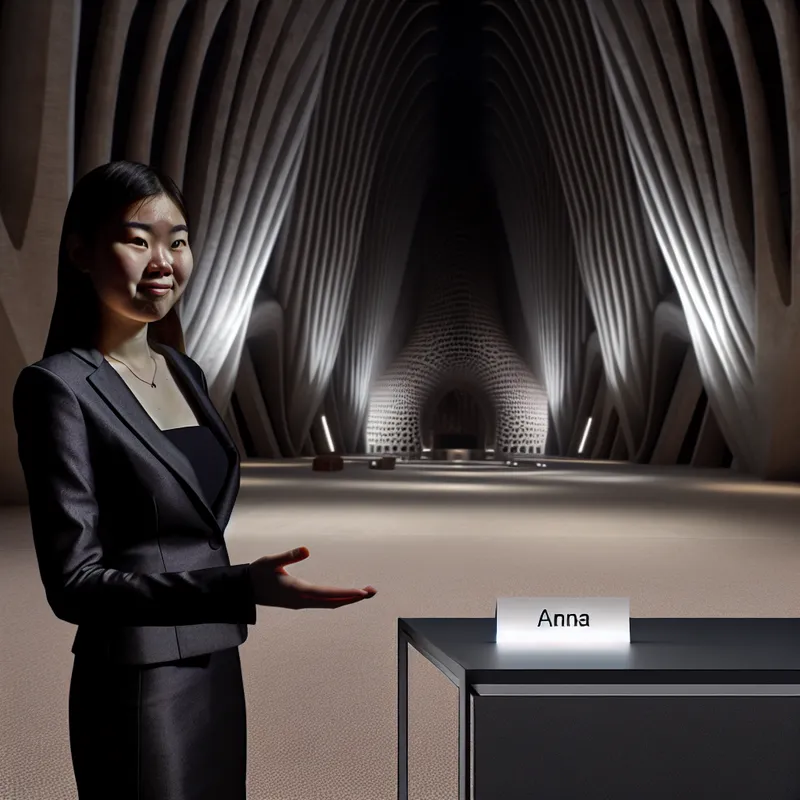 Een vrouw genaamd Anna staat in een modern gebouw en reikt haar hand uit voor een handshake, met een glimlach op haar gezicht.