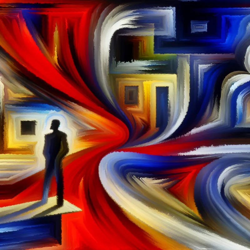 Abstract expressionistisch schilderij van een persoon bij een kruispunt met een dynamische, kleurrijke weg vooruit, symboliserend toekomstige plannen en voornemens