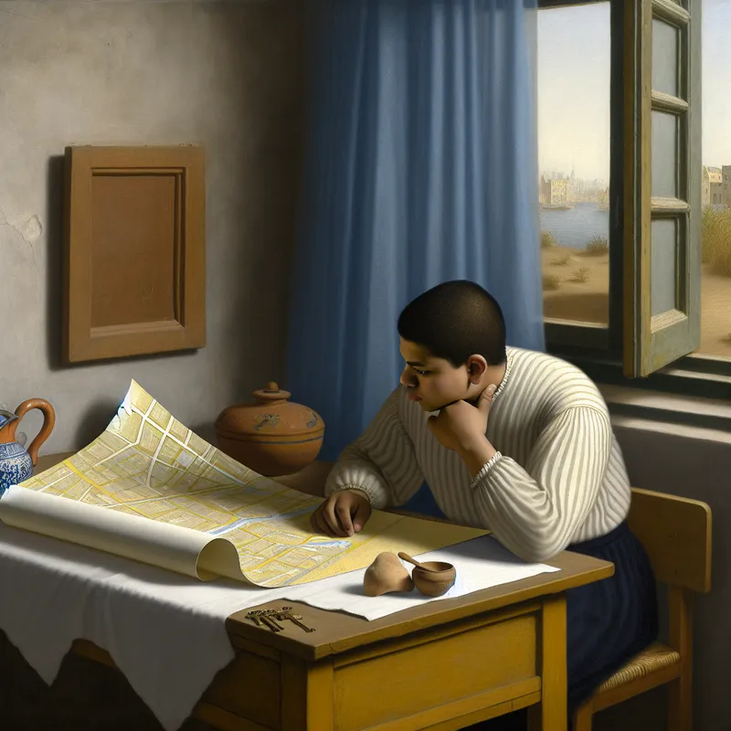 Jonge man in gedachten verzonken aan houten tafel met kaart en sleutel, symbolisch voor toekomstplannen en voornemens, Vermeer-stijl