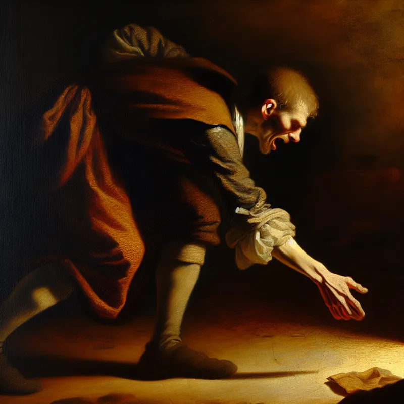 Persoon buigt zich voorover met intense focus om een klein voorwerp van de grond op te rapen, realistisch geschilderd in Rembrandt-stijl met dramatisch clair-obscur